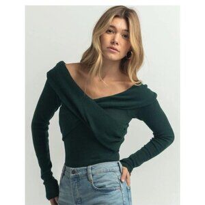 NWT Free People Marley Deepest Spruce V Neck Off Shoulder Rib Twist Top Women's